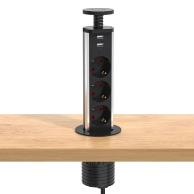 Abbildung von LEUTED 3fach Versenkbare Tischsteckdose mit 2 USB, USB Tischsteckdosenleiste Kindersicherung und 1.8m Kabel, komplett in Tischplatte, Mehrfachsteckdose für Büro Küche Werkstatt Ø 60mm Schwarz