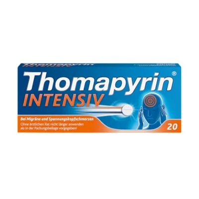 Abbildung von Thomapyrin INTENSIV Schmerztabletten bei Migräne &amp; intensiveren Kopfschmerzen 20 Stk Hochdosierte 3 fach Kombination aus ASS, Paracetamol und Coffein Wirkt min schneller als Ibuprofen 400 mg