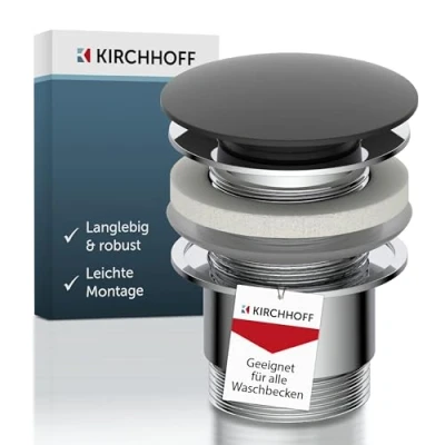 Abbildung von KIRCHHOFF Universal Waschbecken Ablaufgarnitur, Pop Up Waschbeckenstöpsel, Ablaufventil mit Überlauf, Abfluss Stöpsel für Badezimmer &amp; Waschtisch, 98807420, Schwarz matt/Chrom