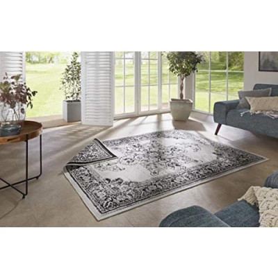 Abbildung von NORTHRUGS in und Outdoor Teppich Borbon 200x290cm Wendeteppich Wetterfest Orientalisches Vintage Design Läufer für Balkon Terrasse Garten Wintergarten Wohnzimmerteppich Wasserfest Schwarz Creme