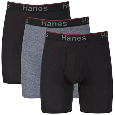 Abbildung von Hanes Herren Total Support Pouch Men&#039;s Boxer Brief Underwear, Anti Chafing, Moisture Wicking Odor Control, 3 Pack Retroshorts, Langes Bein Grau/Schwarz 3er Pack, Large