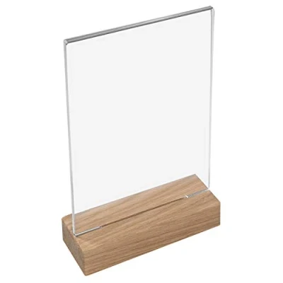 Abbildung von HMF Einzelrahmen 4694 Acryl Tischaufsteller, für 1 Bilder (1 St), T Ständer mit Holzfuß aus Eichenholz, DIN A5 Hochformat, Glasklar
