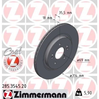 Abbildung von ZIMMERMANN 285.3545.20 Bremsscheibe 314 18 7/5 5 114 innenbelüftet beschichtet HYUNDAI: Santa Fé IV
