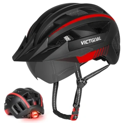 Abbildung von VICTGOAL Fahrradhelm MTB Mountainbike Helm mit magnetischem Visier Abnehmbarer Sonnenschutzkappe und LED Rücklicht Radhelm Rennradhelm für Erwachsenen Herren Damen (L: 57 61cm, Black Red)
