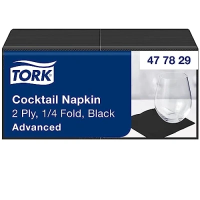 Abbildung von Tork 477829 Cocktailservietten Schwarz / Cocktail Serviette in Advanced Qualität mit 1/4 Faz/ 12 x 200 (2400) Servietten 23,8 24 cm (B L)