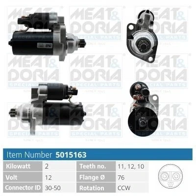 Abbildung von MEAT &amp; DORIA 5015163 Anlasser 12V 2kW 11, 12, 10 30 50 76mm VOLKSWAGEN: Transporter 5 Bus, Kastenwagen, Multivan (7HM