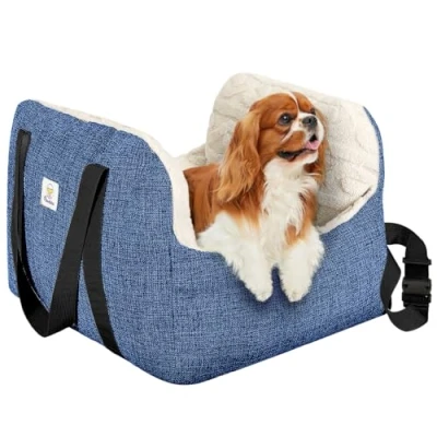 Abbildung von Pawaboo Hund Autositz, Booster Autositz für Klein Hunde, Welpensitz Auto mit Fest Schnalle und Sicherheitsgurt, Verdickt Hundebett Haustier Reise Träger Bett bis zu 25lbs (Blau)