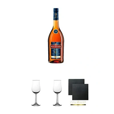 Abbildung von Wilthener XO Nr.1 Weinbrand 0,7 Liter + 2 Bugatti Nosing Gläser mit Eichstrich 2cl und 4cl Schiefer Glasuntersetzer eckig ca. 9,5 cm Ø
