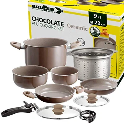 Abbildung von BRUNNER Topf Set Camping Kochtöpfe Alu CHOCOLATE Platzsparend, Stapelbar, (9 tlg)