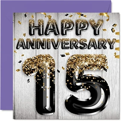 Abbildung von Tolle Kristall Jubiläumskarte für Ehemann Freund Ehefrau Freundin Schwarz Gold Glitzer Ballon Happy 15th Anniversary Cards from Family 145 mm x Grußkarten Fifteenth Anniversaries