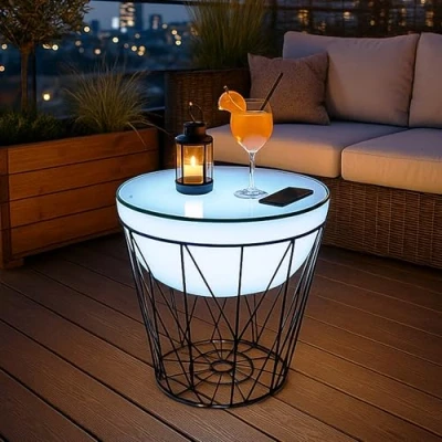 Abbildung von Arnusa Couchtisch LED Beistelltisch beleuchtet rund Korbtisch Metall 50x56 cm, Tisch mit Fernbedienung kabellos nutzbar RGB+W Lounge
