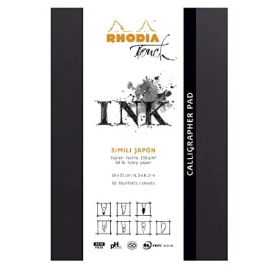 Abbildung von Rhodia 116122C Notizblock Calligrapher Pad, kopfseitig verleimt, DIN A5+ (16x21 cm), 50 Blatt mikroperforiert, blanko, Clairefontaine Papier Simili Japon Elfenbein 130g, Schwarz, 1 Stück