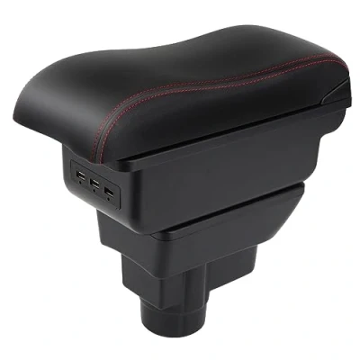 Abbildung von Auto Armlehnen für Corsa D 2006 2014 Doppelschicht Mittelkonsole Große Aufbewahrungsbox mit 3 USB Ladeanschluss Schwarz roten Nähten