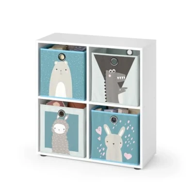 Abbildung von Vicco Bücherregal Tetra, Weiß, 72 x 72.6 cm mit 4 Faltboxen (grau/blau)