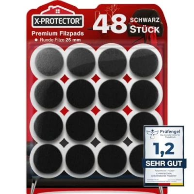 Abbildung von X Protector Filzgleiter 48 Stück 25 mm Prämie Möbelgleiter Schwarz Dicker Filz Selbstklebend Bodenschoner für Stühle Große Menge an Schützen Sie Ihre Holzfußböden!