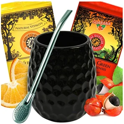 Abbildung von Mate Tee Green set Keramik Tasse Schwarz becher Querida mit Orange 50g Guarana Frucht Yerba Loose leaf 100g Stahl trinkhalm Bombilla