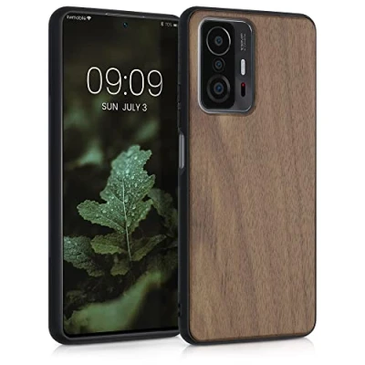 Abbildung von kwmobile Hülle kompatibel mit Xiaomi 11T / Pro Holz Case stoßfestes Handy Cover TPU Handyhülle in Dunkelbraun