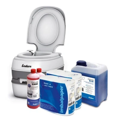 Abbildung von Enders® Campingtoilette Starter Set BLUE XL Comfort, (Spar Set, inkl. 2L RINSE + 5L 8 Rollen selbstauflösendes Toilettenpapier), Kolbenpumpe, geringes Gewicht, glatte und hygienische Oberfläche
