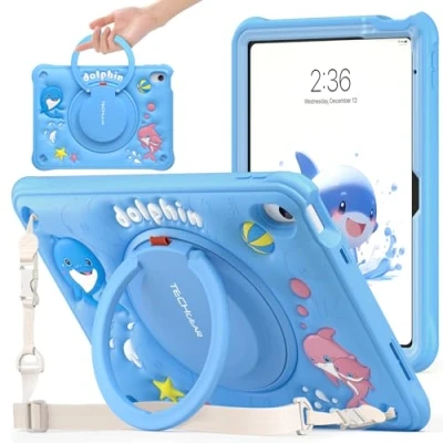 Abbildung von TECHGEAR BubblyToons Kinder Schutzhülle für Apple iPad 10. Generation 11 Zoll / 10 2022, Kindergarten, kinderfreundlich, weiche und robuste Schutzhülle, 360 drehbarer Ständer Ringgriff,