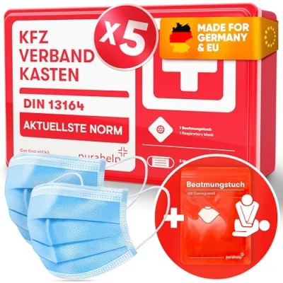 Abbildung von PURAHELP 5x KFZ Verbandskasten nach aktueller Norm 2025 DIN 13164 (StVO konform) Inkl. Beatmungstuch, 2x Klettstreifen Erste Hilfe Set Auto