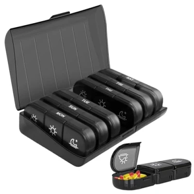 Abbildung von Tablettenbox 7 Tage Morgens Mittags Abends,Pillendose 3 Fächer,Tragbare mit großen separaten Fächern, Feuchtigkeitsbeständiger Medikamentenbox für Medikamente, Schwarz