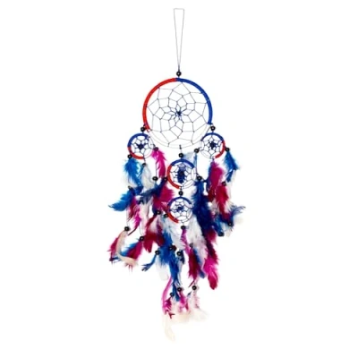 Abbildung von 50cm x 11cm Dreamcatcher Traumfänger Rot Weiß Blau Bunte Feder 5 Ringe Gute Träume
