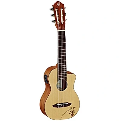 Abbildung von Ortega Guitars Guitarlele elektro akustische Reisegitarre Mini/Travel Series 6 Saiten Fichtendecke mit lasergaviertem Motiv (RGL5CE)