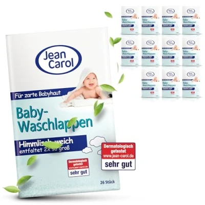 Abbildung von Jean Carol Baby Waschlappen, weich &amp; zart, Vorteilspackung (12 x 26 Stück) für die tägliche Pflege