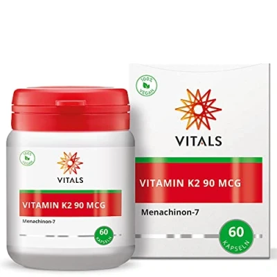 Abbildung von Vitals Vitamin K2, 90mcg, 60 Kapseln. In der Überlegenen Form von Menachinon 7 (MK 7). 100% Vegan. Sehr Hohe Stabilität