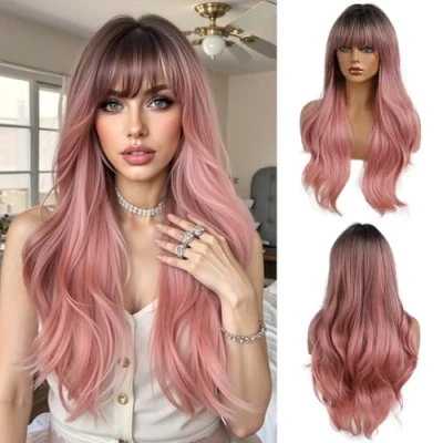 Abbildung von OUFEI 24 Zoll Lange Gewellte Ombre Rosa Natürliches Synthetisches Haar Perücken für Frauen mit Dunklen Wurzeln Tägliche Party Cosplay Verwenden
