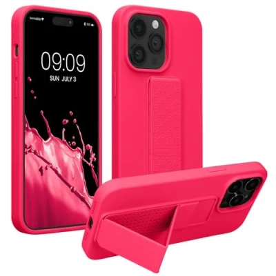 Abbildung von kwmobile Handyhülle kompatibel mit Apple iPhone 14 Pro Max Hülle Fingerhalter und Standfunktion Silikon Case Handy Cover in Neon Pink