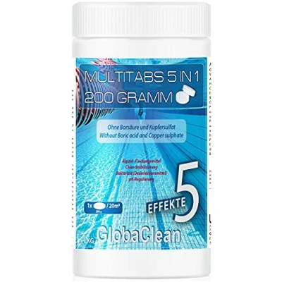 Abbildung von GlobaClean Chlor Multitabs 5 in 1 200g Chlortabletten für Pool 1kg Phasen Wirkung sichere und saubere Poolpflege Made Europe kristallklares hygienisches Poolwasser