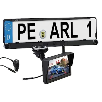 Abbildung von Lescars Nummernschildkamera: Funk HD Rückfahrkamera in Nummernschildhalter, Monitor, Abstandswarner (Parksensor, Parkhilfe, Rückfahrt)