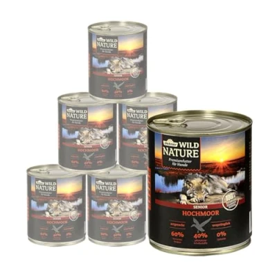 Abbildung von Dehner Wild Nature Hundefutter Hochmoor, Nassfutter getreidefrei / zuckerfrei, für ältere Hunde, Ente, 6 x 800 g Dose (4.8 kg)