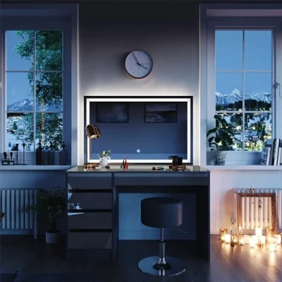 Abbildung von Vicco Schminktisch Sherry, Anthrazit Hochglanz, 120 cm mit LED Spiegel und Hocker