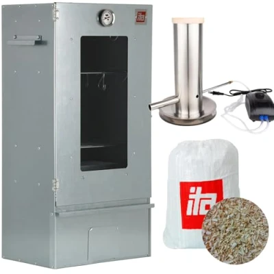 Abbildung von ITA Räucherofen 7000 Smoker Set mit Rauchgenerator Räucherschrank Fenster &amp; Thermometer Legierter Stahl EU Qualität, Direkt vom Hersteller 81 cm 3 Etagen