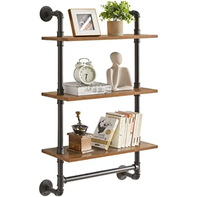 Abbildung von YMYNY Wandregal, 3 stöckiges Schweberegal Holz Wandboard mit Handtuchhalter, 60 cm, stabil, Metallrahmen, Bücherregal Wanddeko, Aufbewahrung, für Wohnzimmer Küche Badezimmer HRF TM015