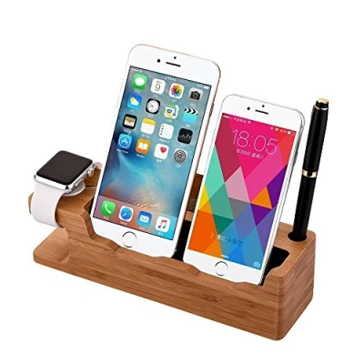 Abbildung von XPhonew Bambus Ladestand Aufladung Docking Station/Cradle/Halter/Ladegerät Stand/Handy Halterung kompatibel mit iPhone 11 Pro XS XR X 8 7 Plus Max Apple Watch 2 3 4 iWatch Samsung Smartphones