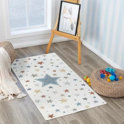 Abbildung von Surya Sterne Kinderteppich Cartoon Teppich, Teppich Kinderzimmer oder Babyzimmer, Kinderzimmerteppich, Krabbelteppich Spielteppich Baby für Jungen &amp; Mädchen, Creme und Blau 80x150cm