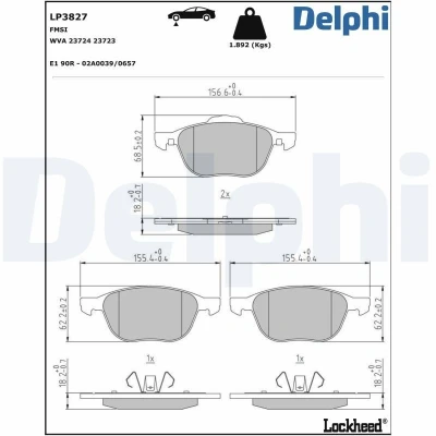 Abbildung von DELPHI LP3827 Bremsbelagsatz nicht für Verschleißwarnanzeiger vorbereitet mit Anti Quietsch Blech ohne Zubehör FORD: FOCUS 3, 3 Turnier, C Max 2