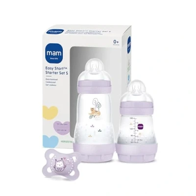Abbildung von MAM Easy Start Anti Colic Starter Set S, Baby Erstausstattung mit 2 Flaschen (160 ml &amp; 260 ml) inkl. Sauger Größe 1 und Schnuller, Geschenk Set, ab der Geburt, lila