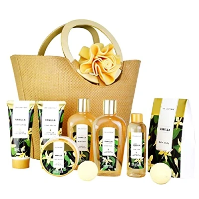 Abbildung von Bade Geschenkset für Frauen SPA LUXETIQUE 10 tlg. Set Vanilla Duft Handcreme, Duschgel, Schaumbad, Bodylotion, Badesalz, Badeschwamm und Geräumige Handtasche,Bade zum Weihnachtsgeschenke