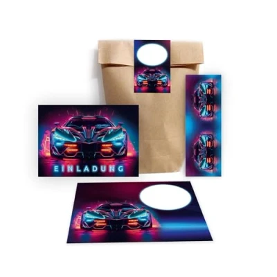 Abbildung von Minkocards 12 Einladungskarten Kindergeburtstag Junge Auto Rennauto Einladungen Jungsgeburtstag Rennwagen incl. Umschläge, Partytüten/natur, Aufkleber, Lesezeichen