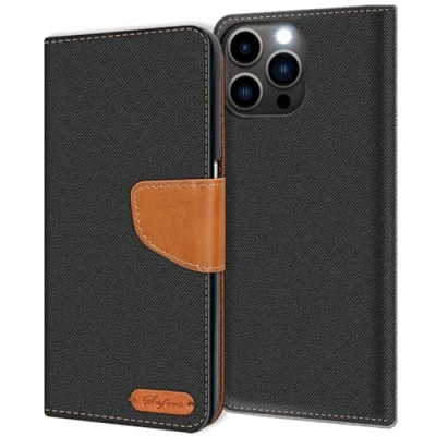 Abbildung von Verco kompatibel mit Apple iPhone 16 Pro Max Hülle, Schutzhülle für Tasche Denim Textil Book Case Flip Klapphülle Schwarz