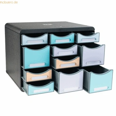 Abbildung von Exacompta 3132796D Ablagebox Aquarell aus Recycling Kunststoff mit 11 individuell platzierbaren Schubladen. Belastbare Schubladenbox im Querformat für mehr Ordnung. Store Box Multi Blauer Engel