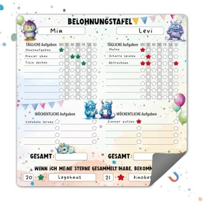 Abbildung von TOBJA Magnettafel Magnetische Belohnungstafel XL 2 Kinder Monster, Routine Planer 30x30 cm, abwischbar