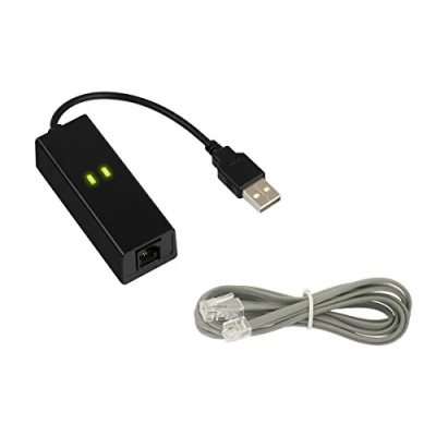 Abbildung von KALEA INFORMATIQUE Faxadapter Modem 56K auf USB Port mit RJ11 Buchse. CONEXANT Chipsatz.