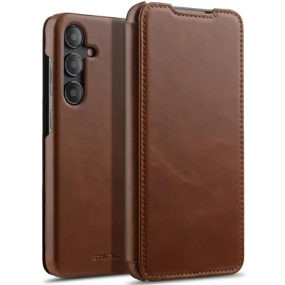 Abbildung von STILGUT Book Case kompatibel mit Samsung Galaxy S24 Plus Hülle aus Leder, Lederhülle, Klapphülle, Handyhülle Cognac