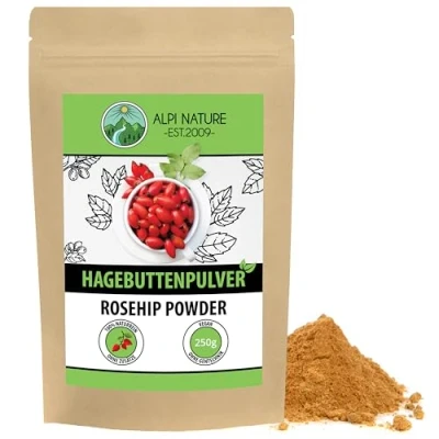 Abbildung von Hagebuttenpulver 250g von Alpi Nature, Hagebutten Pulver, gemahlen, Hagebuttenmehl, Rohkostqualität, gluteinfrei, vegan, ideal zur Zubereitung Smoothie, Saft und Tee