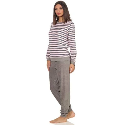 Abbildung von Edler Damen Frottee Pyjama Langarm Schlafanzug mit Bündchen in Streifenoptik 291 13 569, Farbe:rosa, Größe2:48/50